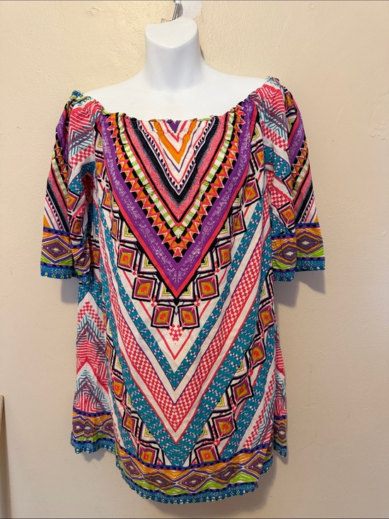 Flying Tomato Dresses & Skirts - Flying Tomato Multicolor Geometric Off-Shoulder Top - Pink, Blue & Purple